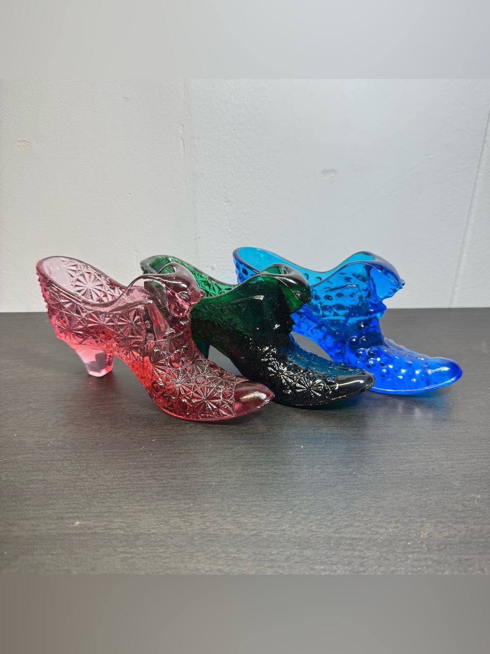 Vintage Fenton Art Glass Green, Blue & Pink Cat Head Hobnail Shoe Slipper Bundle